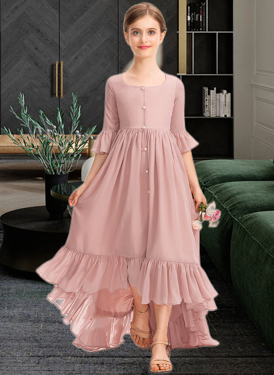 Campbell A-Line Scoop Neck Asymmetrical Chiffon Junior Bridesmaid Dress With Bow(s) Cascading Ruffles PP6P0013612