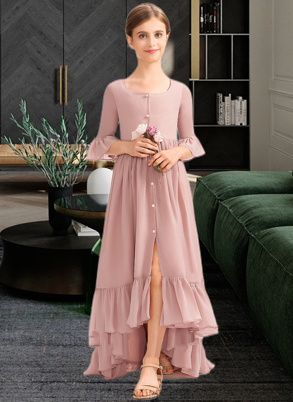 Campbell A-Line Scoop Neck Asymmetrical Chiffon Junior Bridesmaid Dress With Bow(s) Cascading Ruffles PP6P0013612