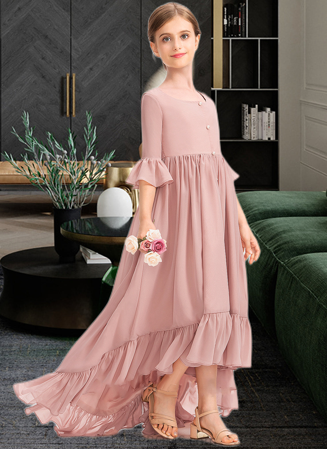 Campbell A-Line Scoop Neck Asymmetrical Chiffon Junior Bridesmaid Dress With Bow(s) Cascading Ruffles PP6P0013612