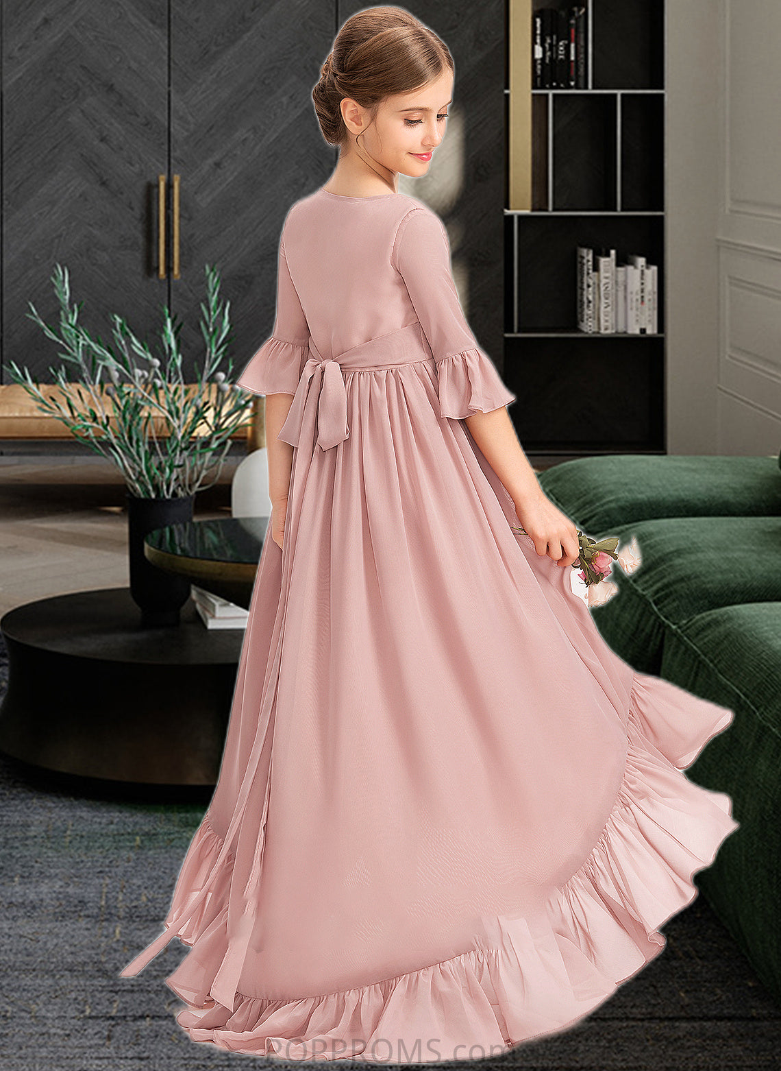 Campbell A-Line Scoop Neck Asymmetrical Chiffon Junior Bridesmaid Dress With Bow(s) Cascading Ruffles PP6P0013612