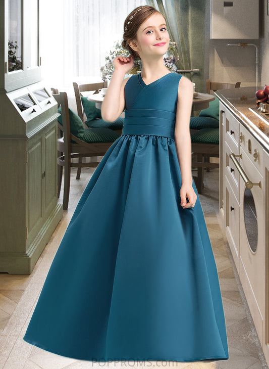 Kaya Ball-Gown/Princess V-neck Floor-Length Satin Junior Bridesmaid Dress With Ruffle PP6P0013613