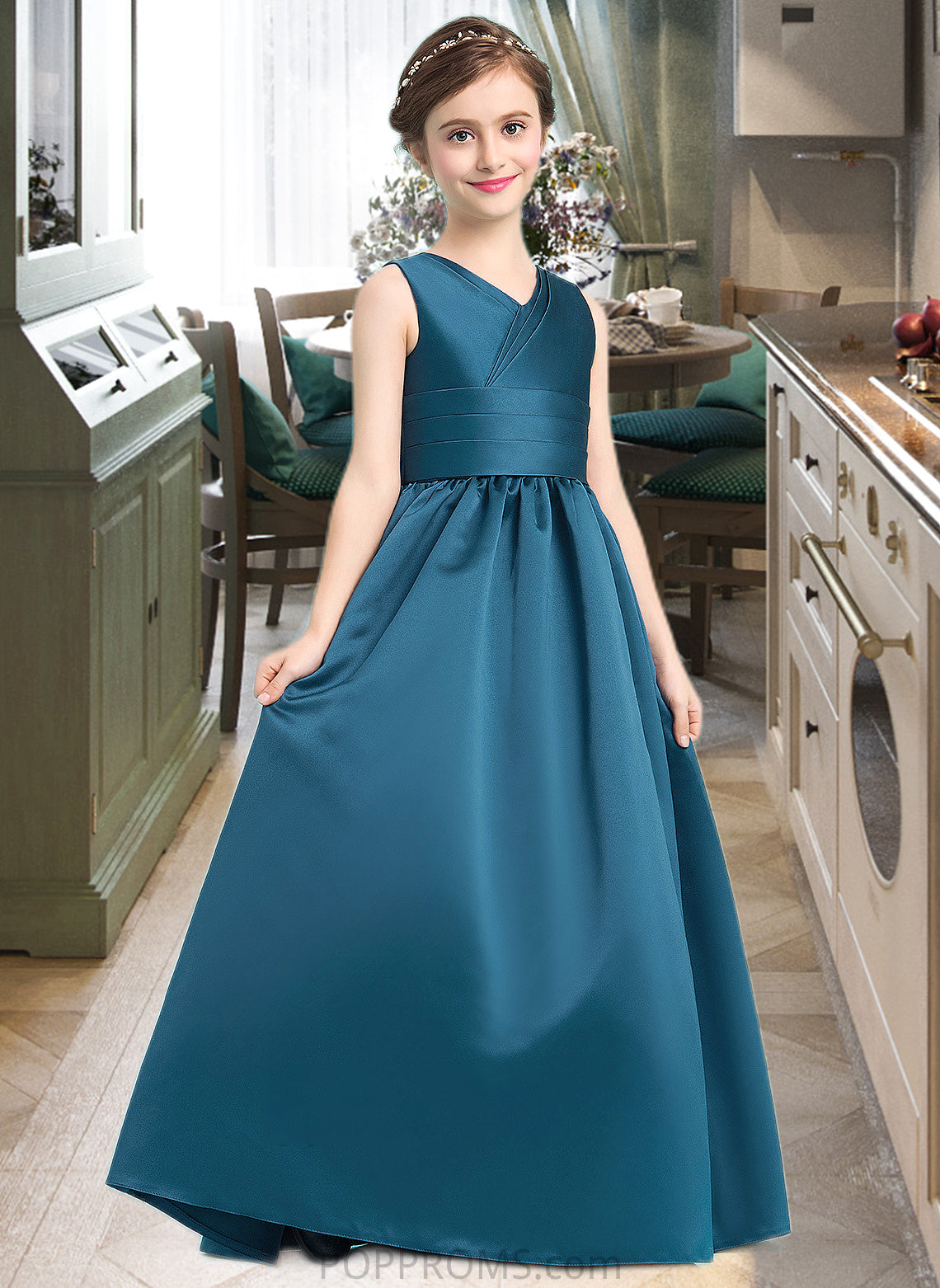 Kaya Ball-Gown/Princess V-neck Floor-Length Satin Junior Bridesmaid Dress With Ruffle PP6P0013613