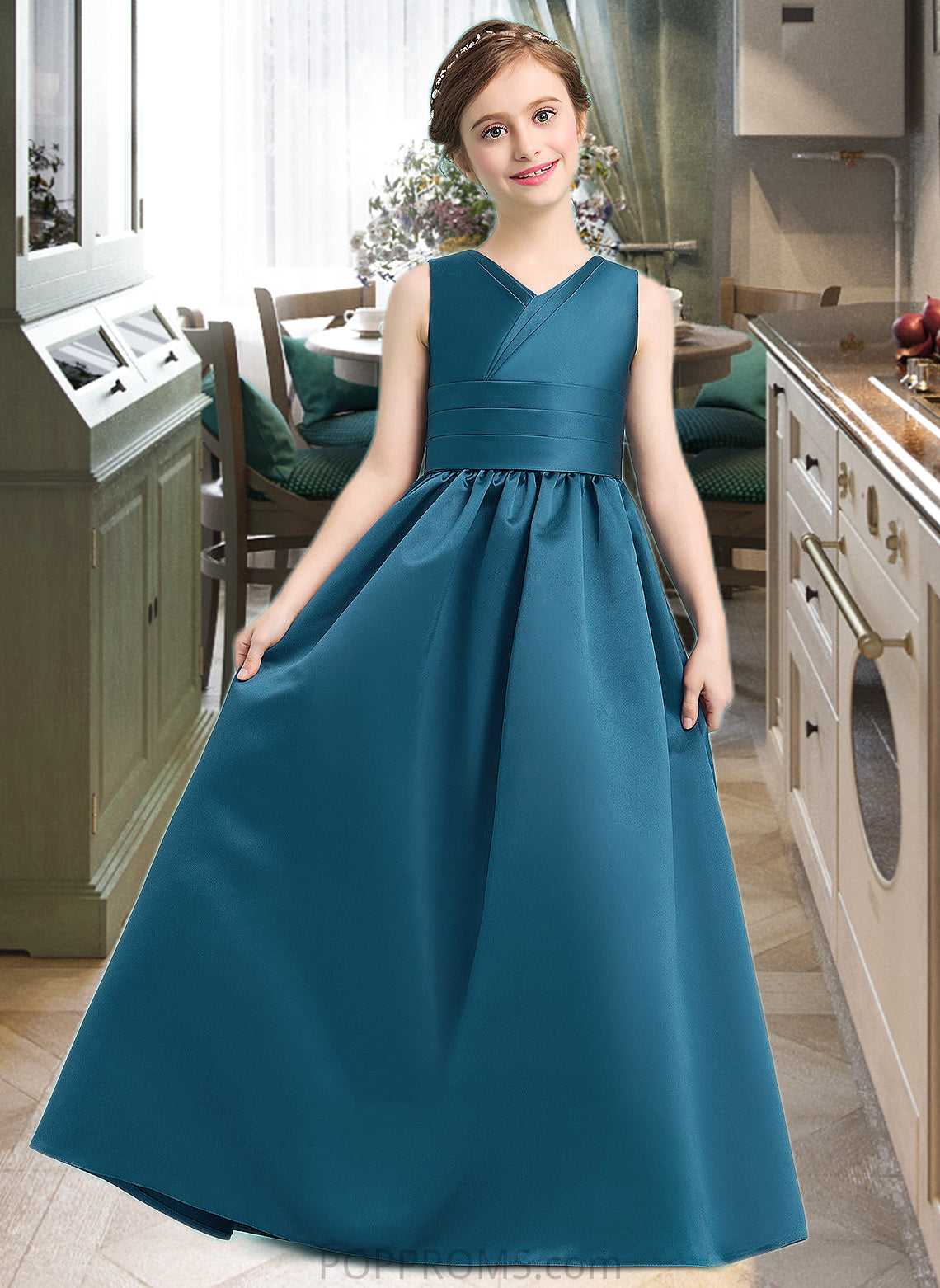 Kaya Ball-Gown/Princess V-neck Floor-Length Satin Junior Bridesmaid Dress With Ruffle PP6P0013613