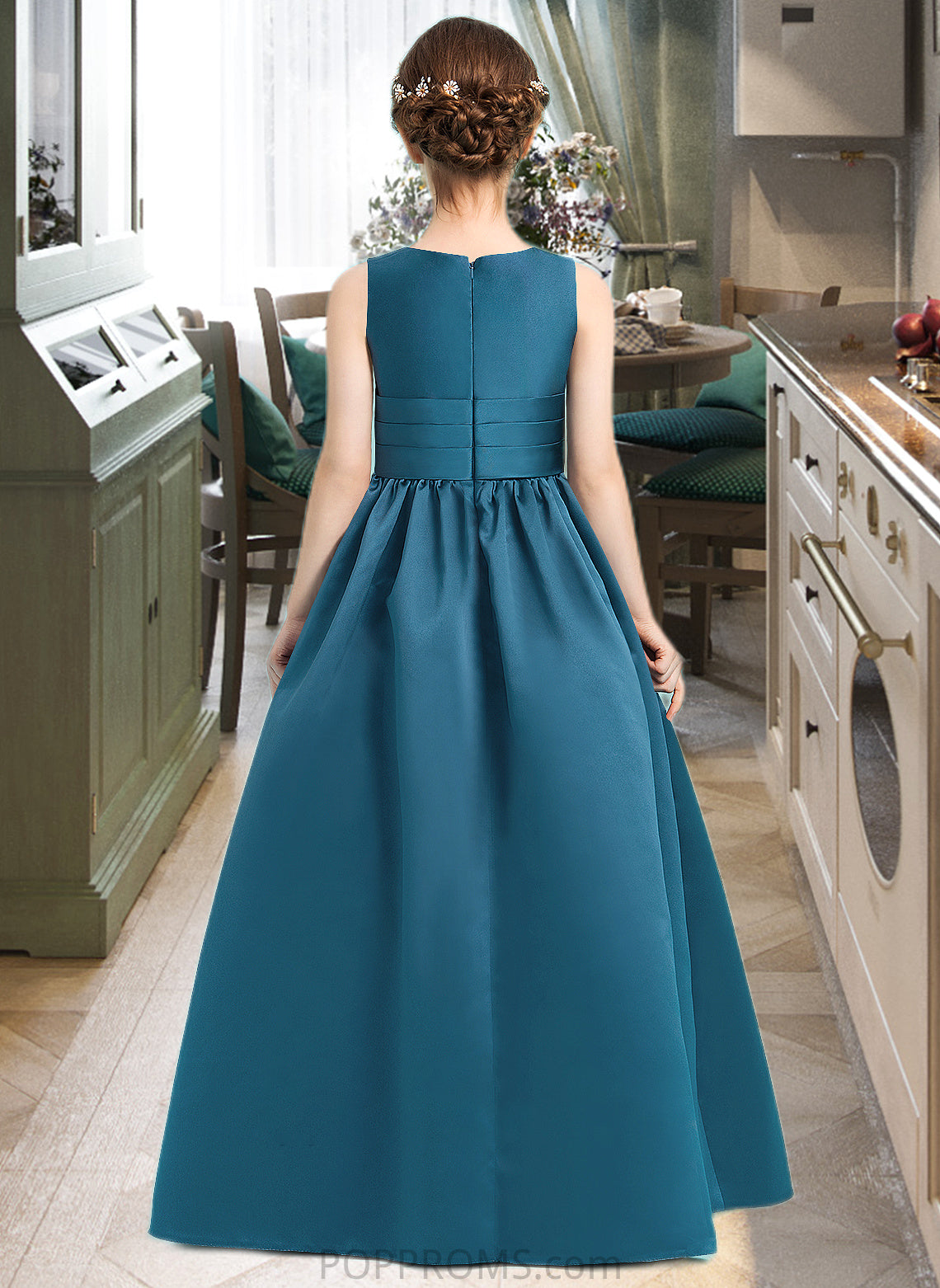 Kaya Ball-Gown/Princess V-neck Floor-Length Satin Junior Bridesmaid Dress With Ruffle PP6P0013613