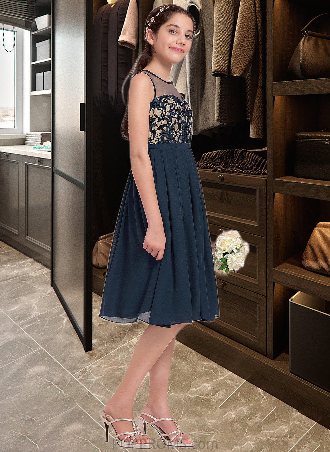 Reina A-Line Scoop Neck Knee-Length Chiffon Junior Bridesmaid Dress PP6P0013614