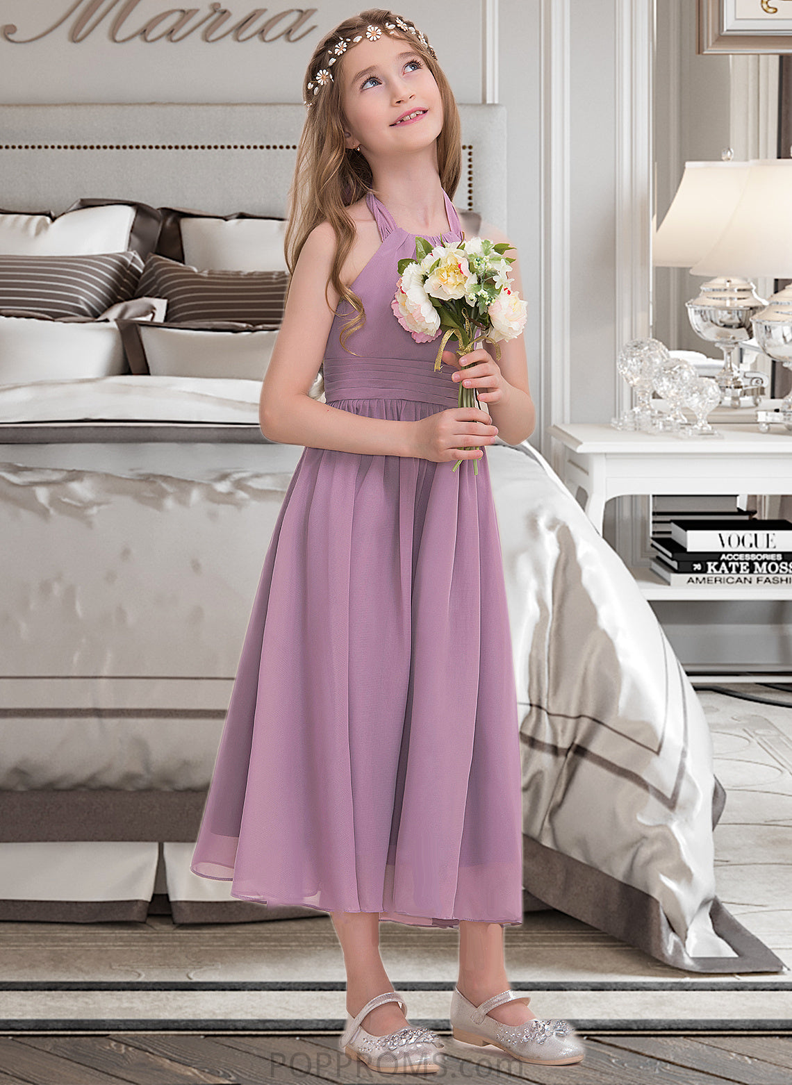 Hailee A-Line Halter Tea-Length Chiffon Junior Bridesmaid Dress With Ruffle PP6P0013616