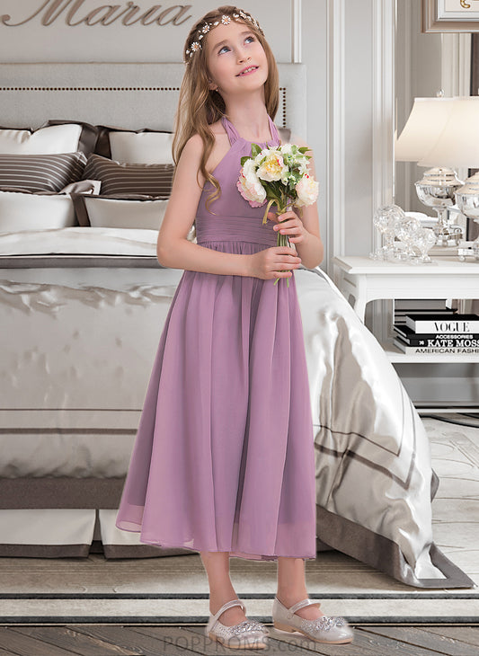 Hailee A-Line Halter Tea-Length Chiffon Junior Bridesmaid Dress With Ruffle PP6P0013616