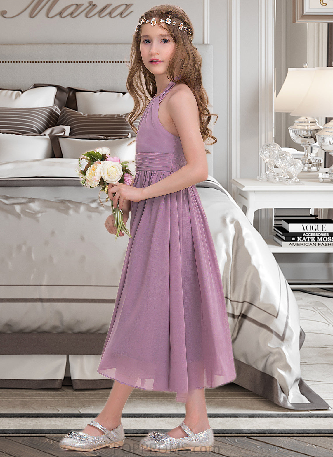 Hailee A-Line Halter Tea-Length Chiffon Junior Bridesmaid Dress With Ruffle PP6P0013616