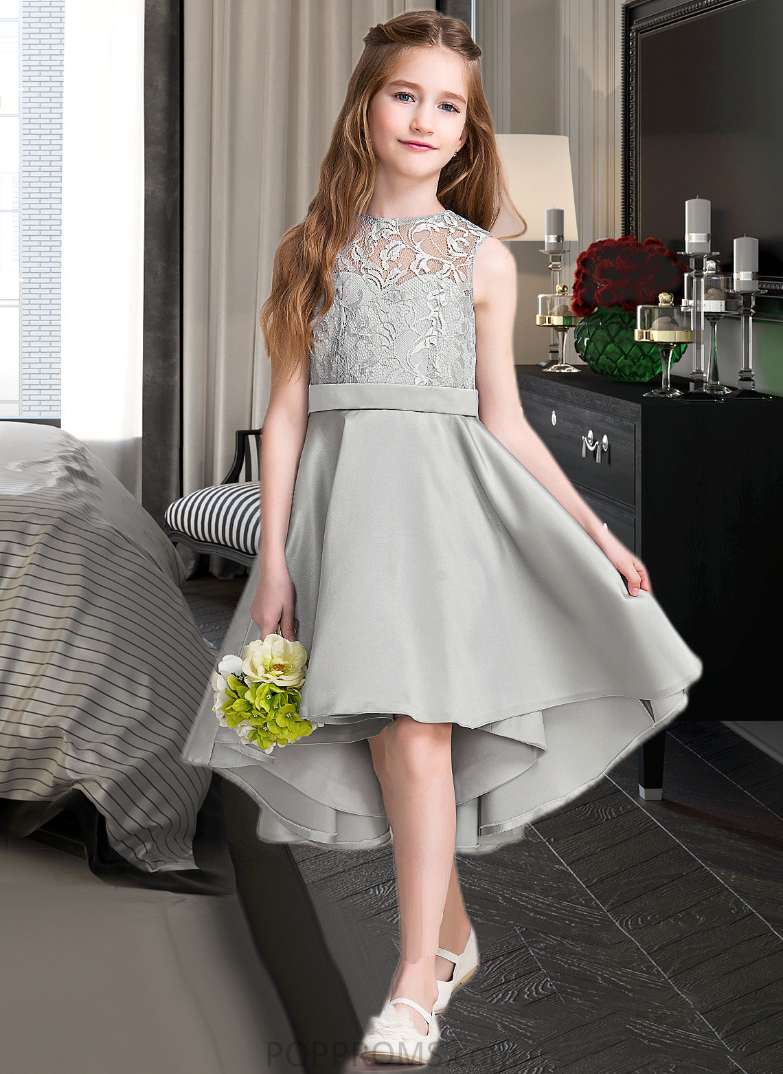 Jamya A-Line Scoop Neck Asymmetrical Satin Junior Bridesmaid Dress PP6P0013618