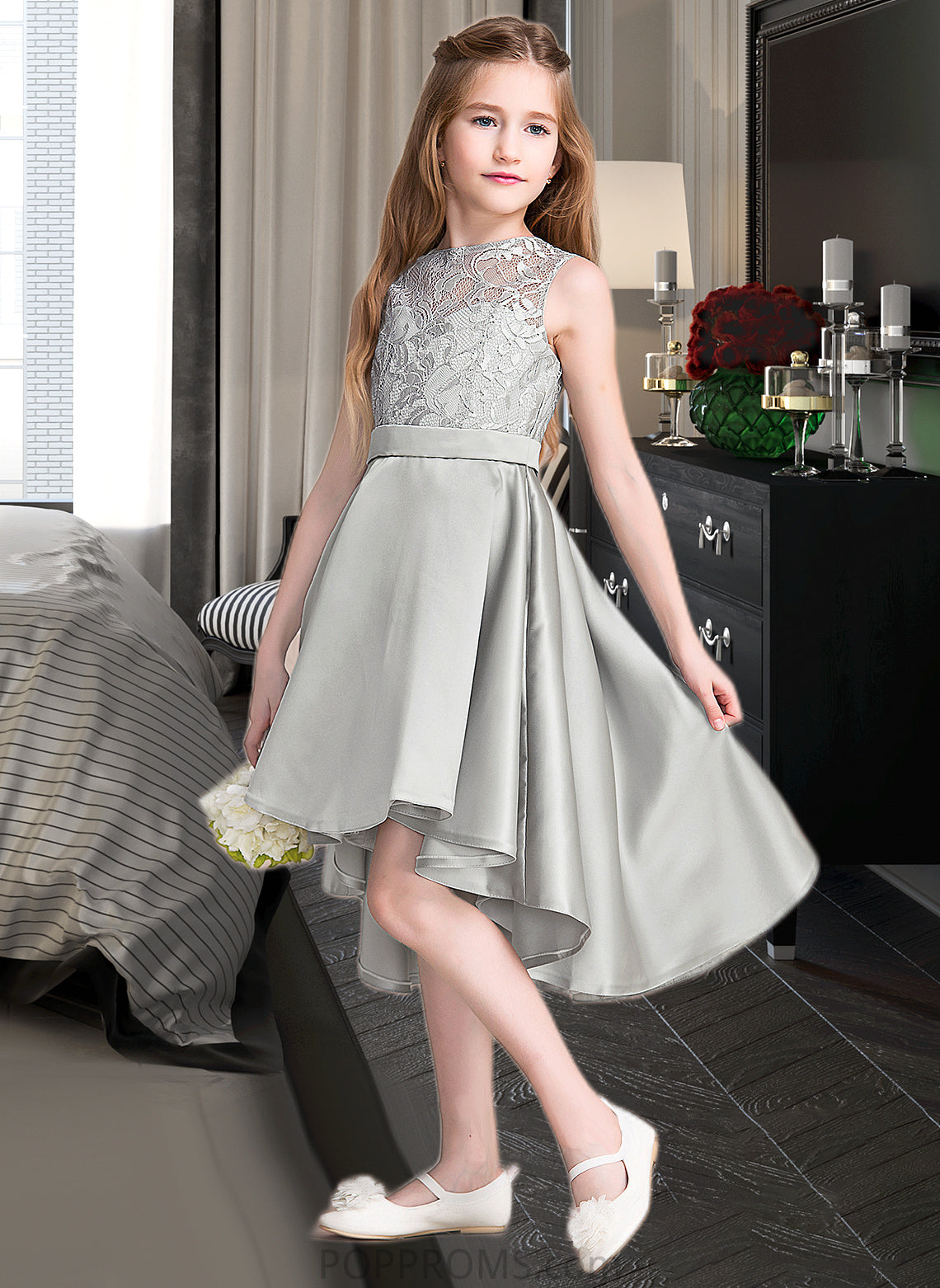 Jamya A-Line Scoop Neck Asymmetrical Satin Junior Bridesmaid Dress PP6P0013618