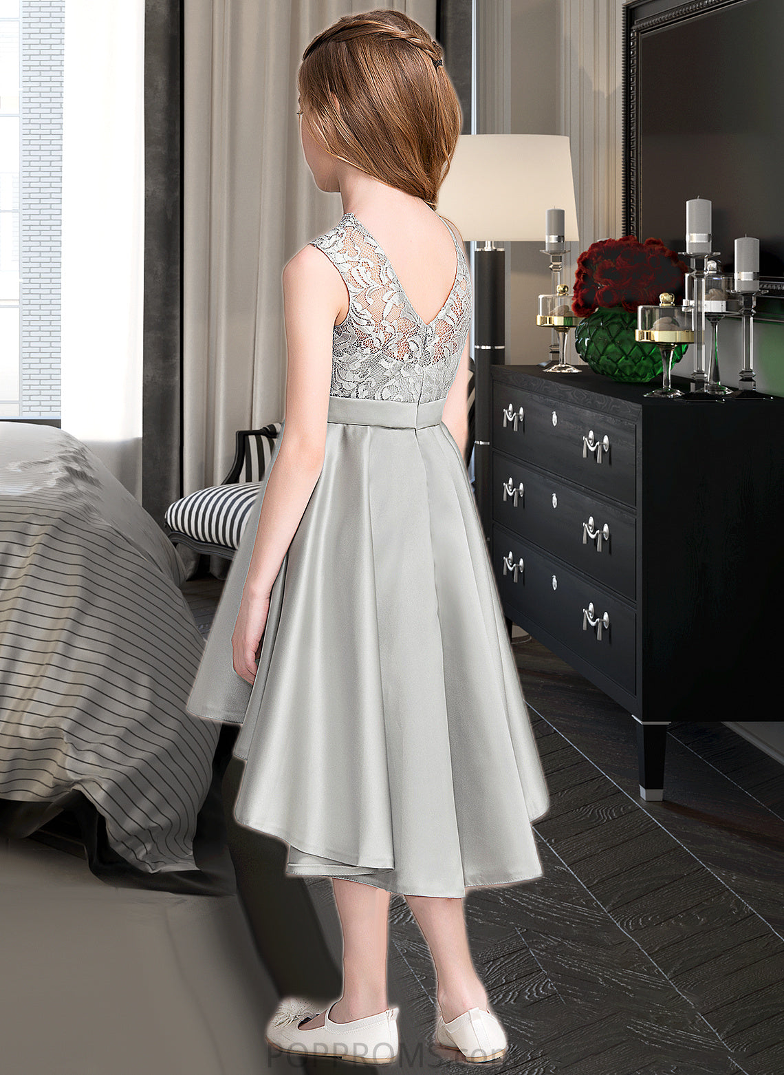 Jamya A-Line Scoop Neck Asymmetrical Satin Junior Bridesmaid Dress PP6P0013618