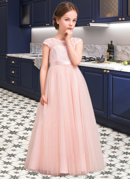 Kelsey A-Line Scoop Neck Floor-Length Tulle Lace Junior Bridesmaid Dress With Bow(s) PP6P0013619