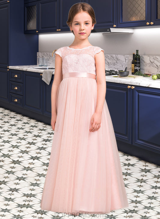 Kelsey A-Line Scoop Neck Floor-Length Tulle Lace Junior Bridesmaid Dress With Bow(s) PP6P0013619