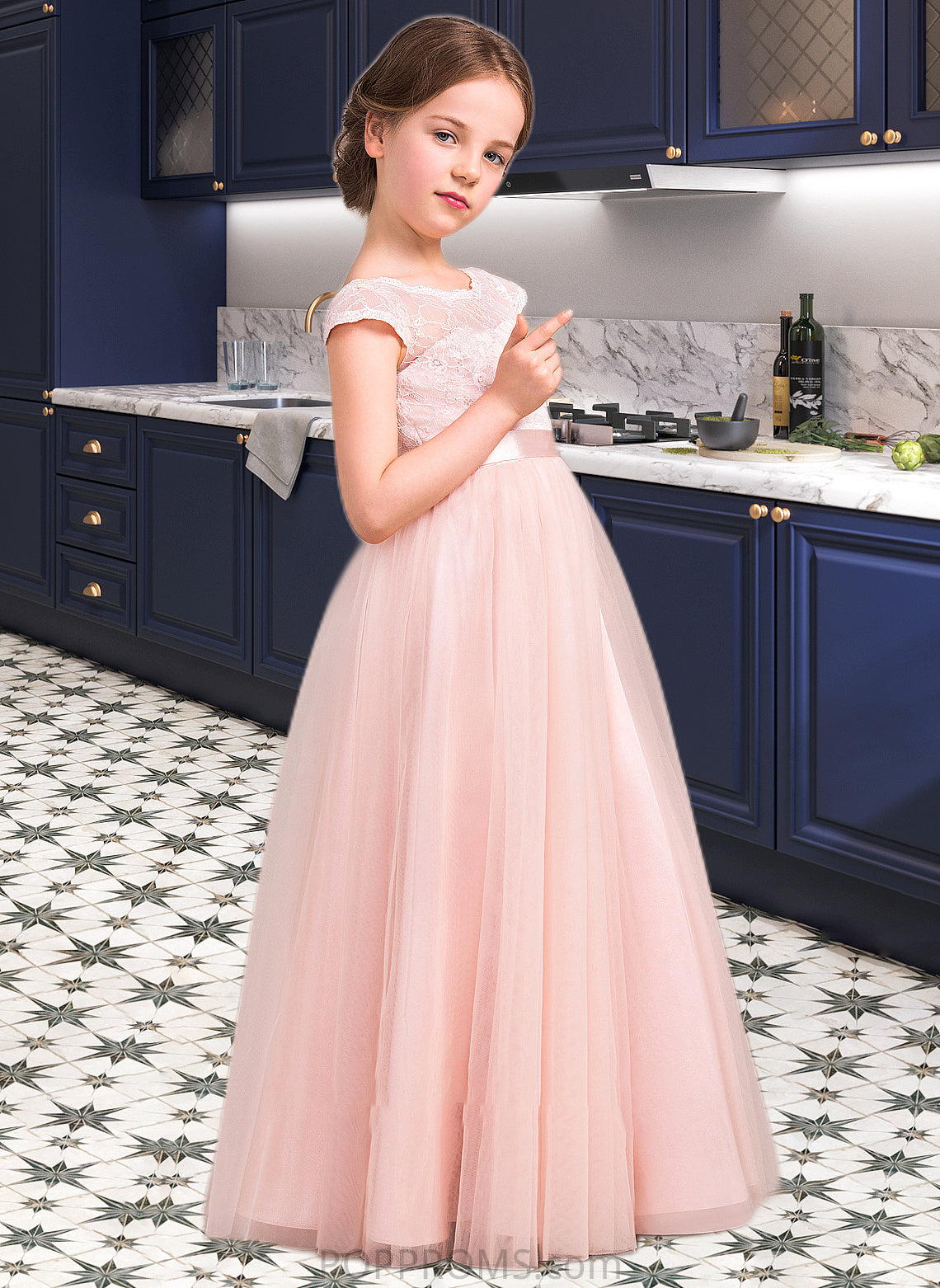 Kelsey A-Line Scoop Neck Floor-Length Tulle Lace Junior Bridesmaid Dress With Bow(s) PP6P0013619