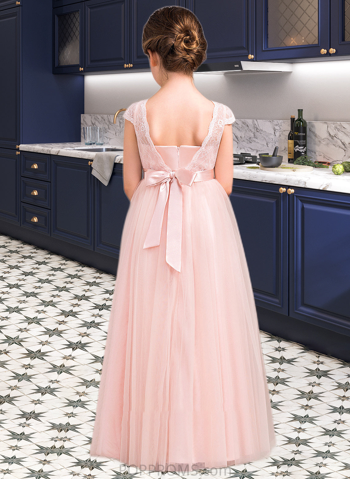 Kelsey A-Line Scoop Neck Floor-Length Tulle Lace Junior Bridesmaid Dress With Bow(s) PP6P0013619