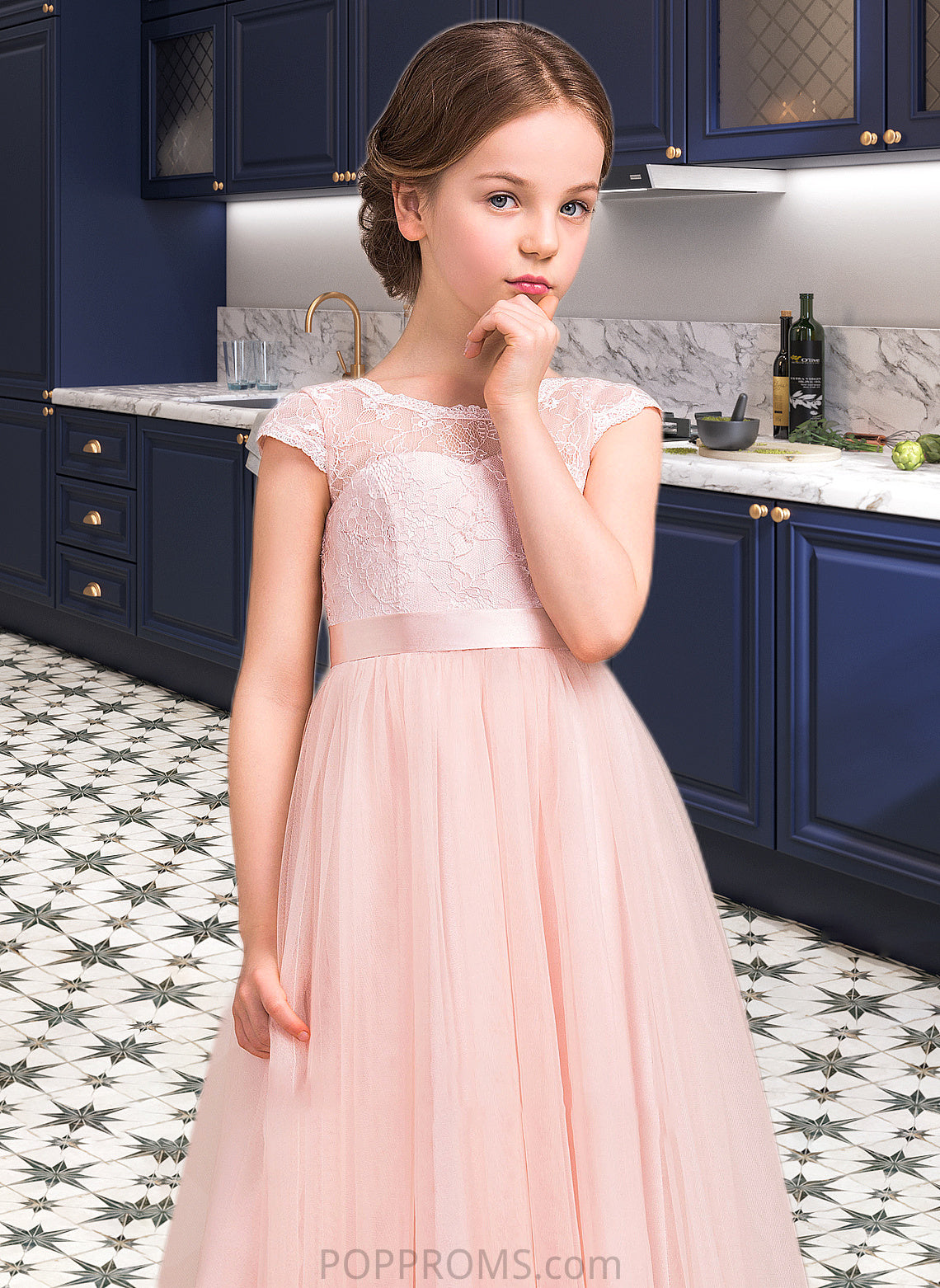 Kelsey A-Line Scoop Neck Floor-Length Tulle Lace Junior Bridesmaid Dress With Bow(s) PP6P0013619