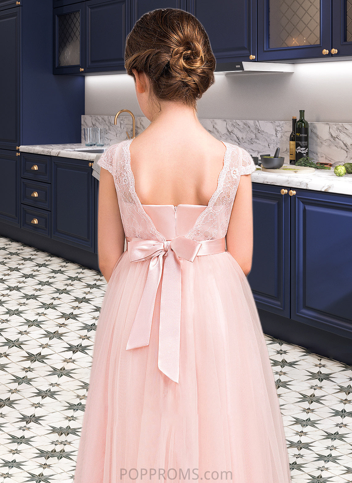 Kelsey A-Line Scoop Neck Floor-Length Tulle Lace Junior Bridesmaid Dress With Bow(s) PP6P0013619