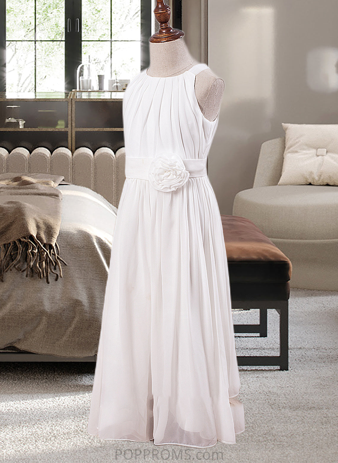 Lena A-Line Scoop Neck Ankle-Length Chiffon Junior Bridesmaid Dress With Flower(s) PP6P0013621