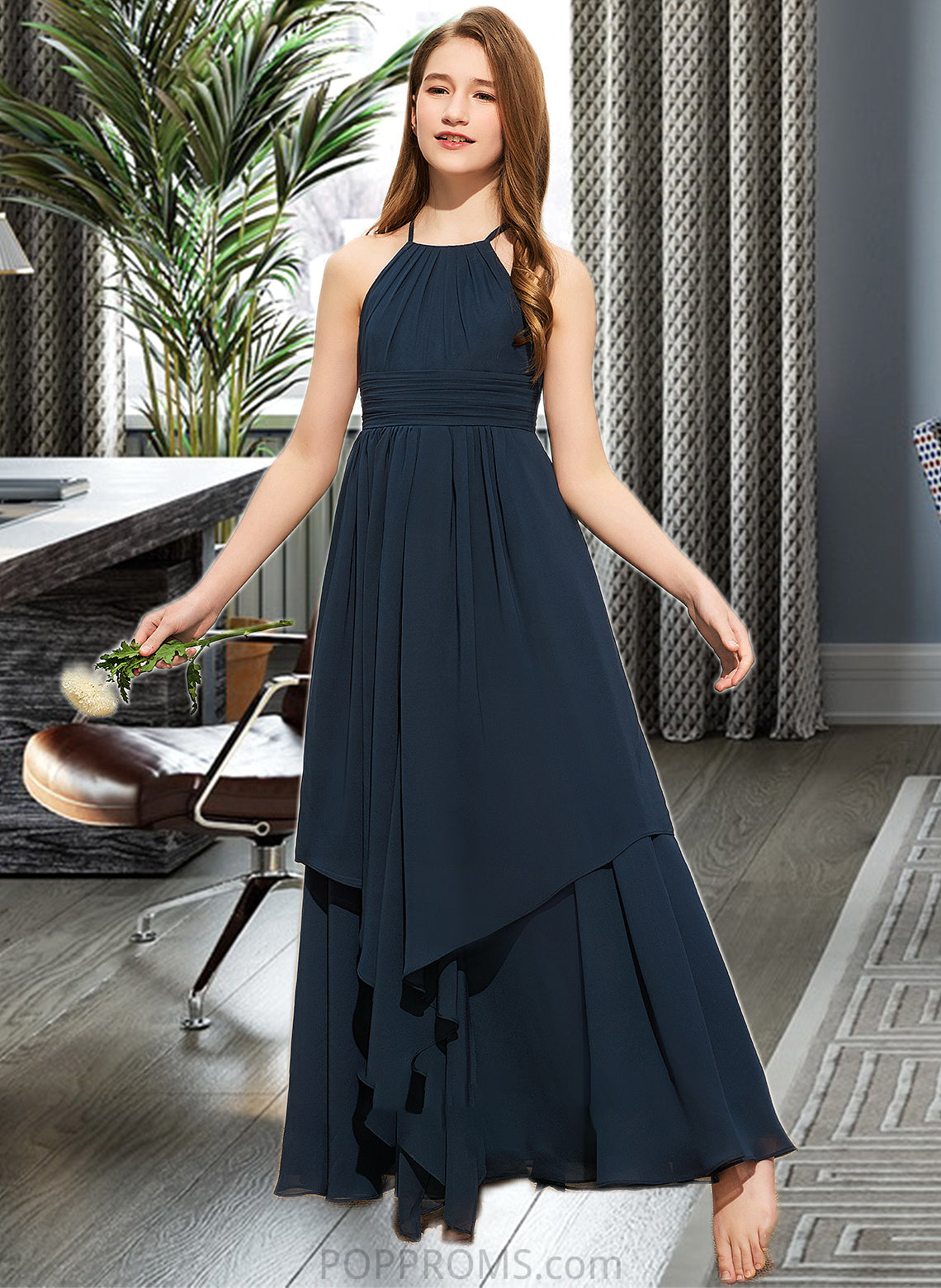 Caitlyn A-Line Scoop Neck Floor-Length Chiffon Junior Bridesmaid Dress With Cascading Ruffles PP6P0013622