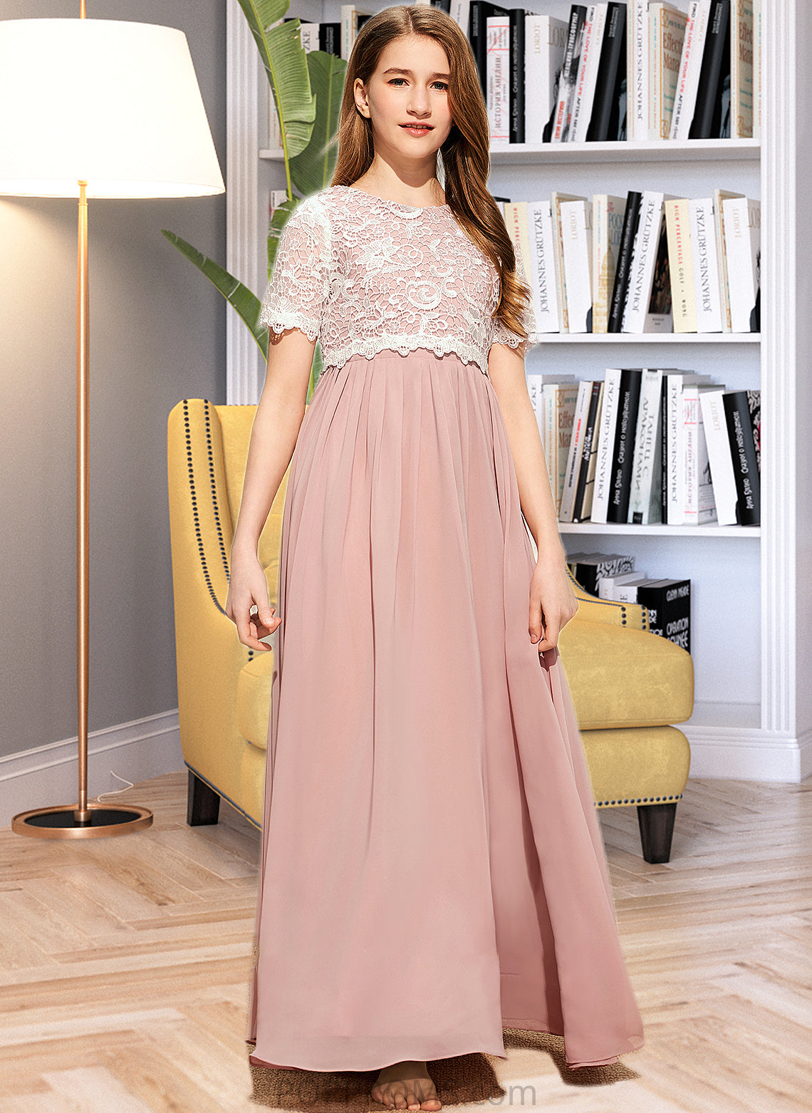 Isabell A-Line Scoop Neck Floor-Length Chiffon Lace Junior Bridesmaid Dress PP6P0013623