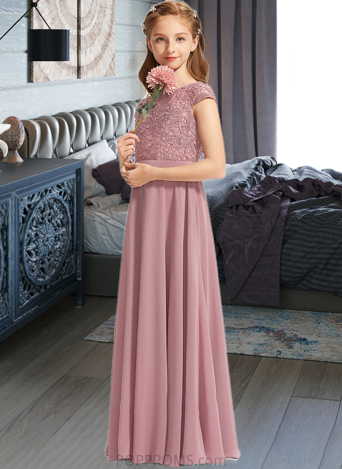 Heather A-Line Scoop Neck Floor-Length Chiffon Lace Junior Bridesmaid Dress PP6P0013624