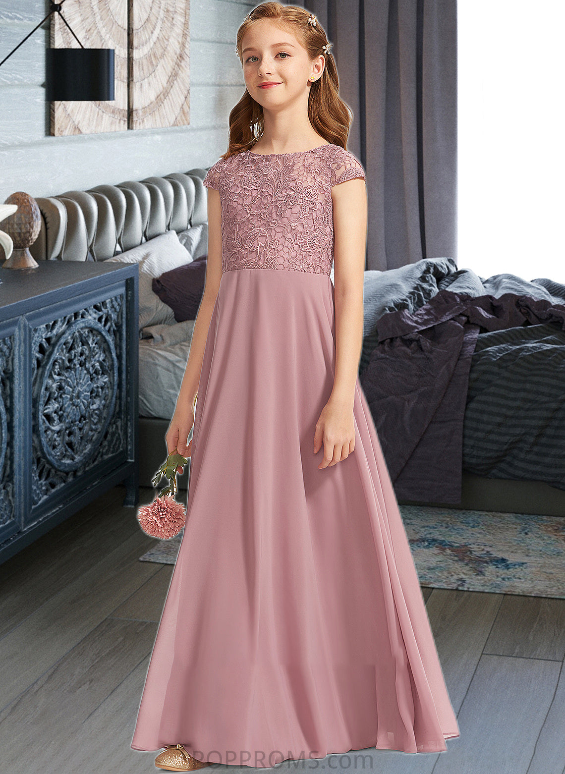 Heather A-Line Scoop Neck Floor-Length Chiffon Lace Junior Bridesmaid Dress PP6P0013624