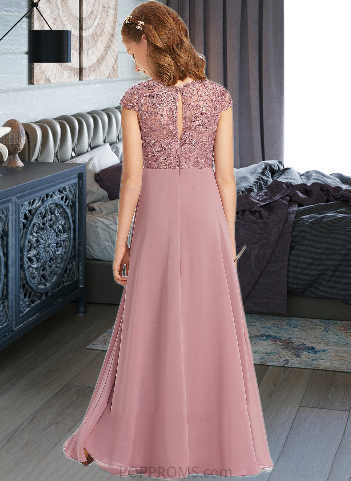 Heather A-Line Scoop Neck Floor-Length Chiffon Lace Junior Bridesmaid Dress PP6P0013624