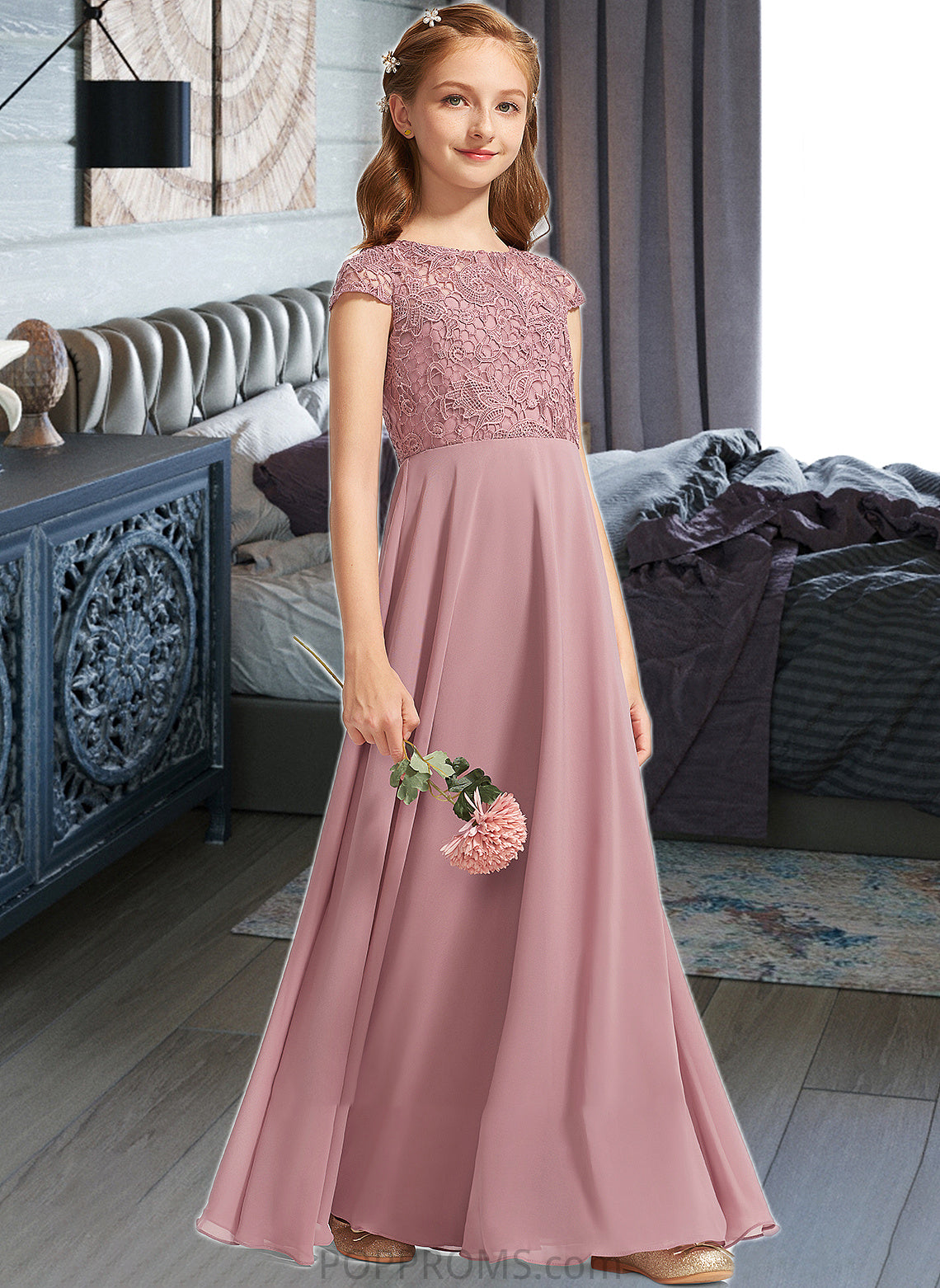 Heather A-Line Scoop Neck Floor-Length Chiffon Lace Junior Bridesmaid Dress PP6P0013624