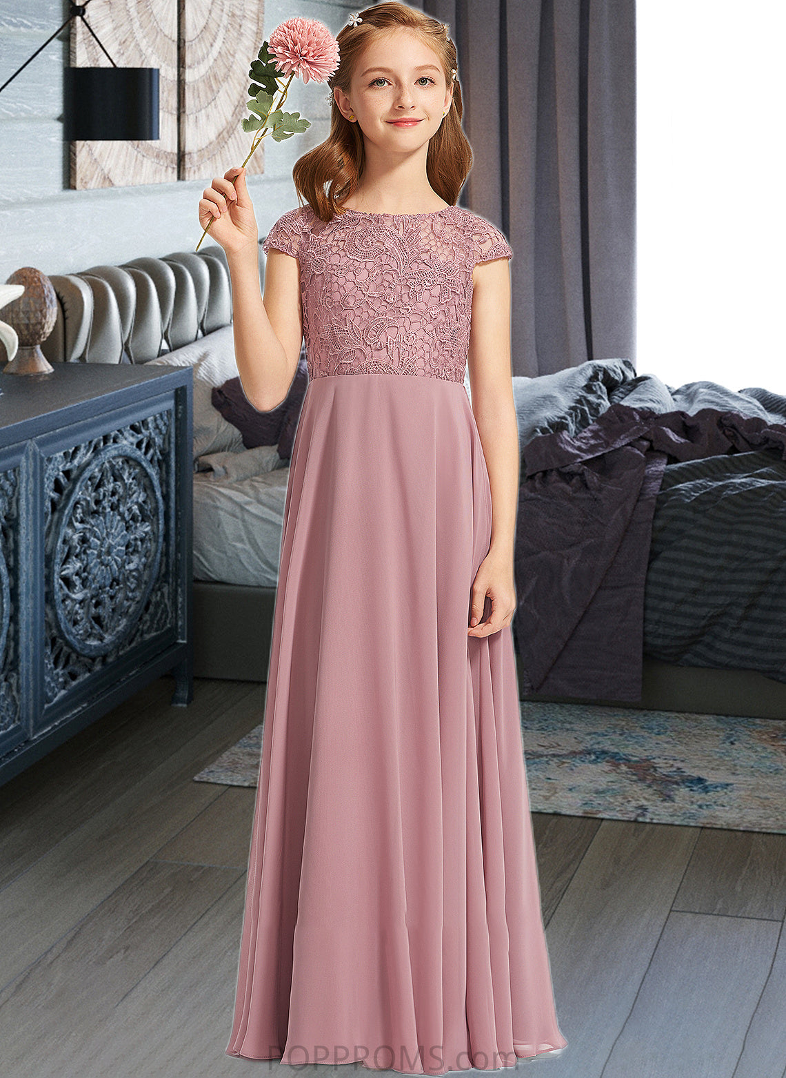 Heather A-Line Scoop Neck Floor-Length Chiffon Lace Junior Bridesmaid Dress PP6P0013624