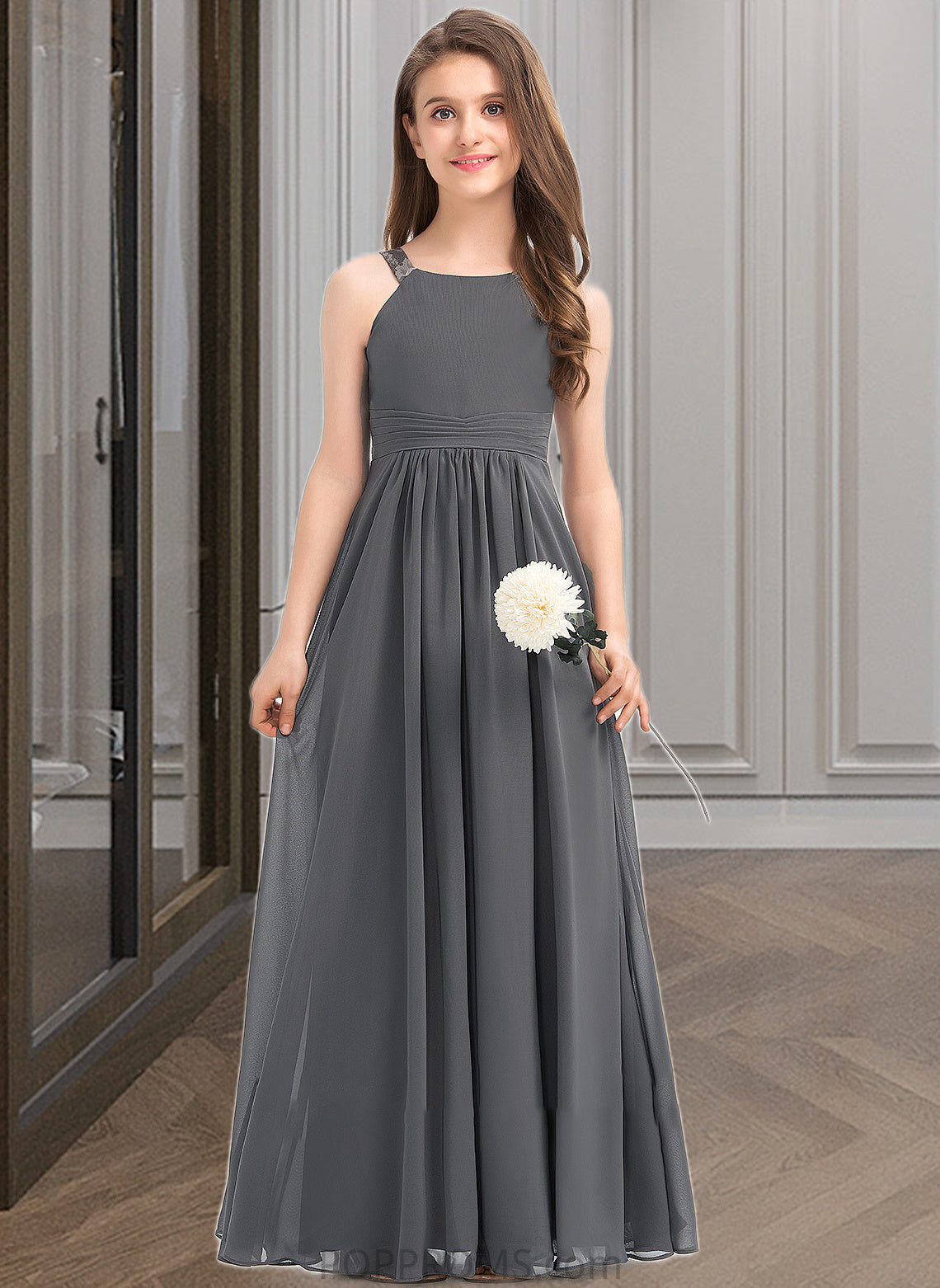 Eva A-Line Scoop Neck Floor-Length Chiffon Junior Bridesmaid Dress With Ruffle Lace PP6P0013625