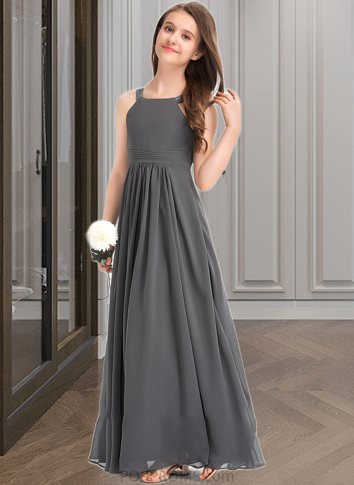 Eva A-Line Scoop Neck Floor-Length Chiffon Junior Bridesmaid Dress With Ruffle Lace PP6P0013625