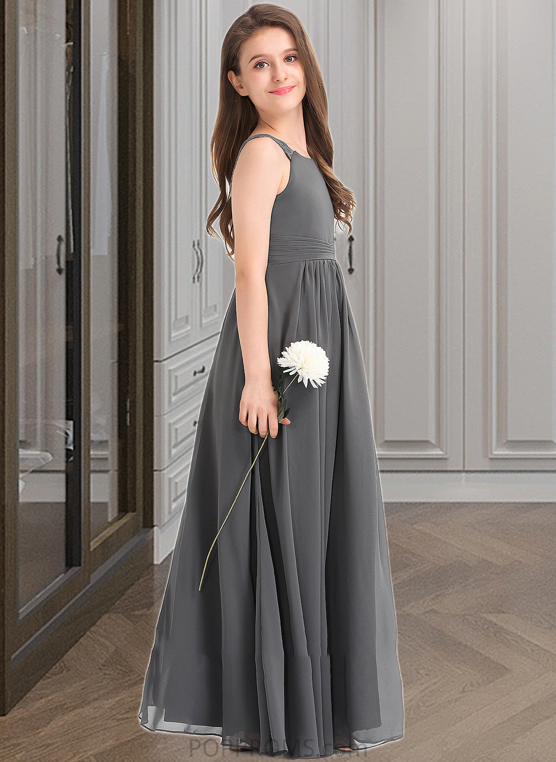 Eva A-Line Scoop Neck Floor-Length Chiffon Junior Bridesmaid Dress With Ruffle Lace PP6P0013625