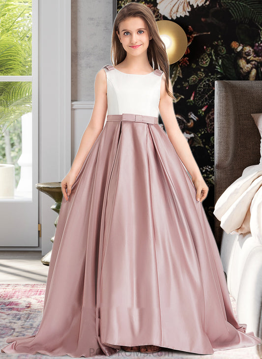 India Ball-Gown/Princess Scoop Neck Sweep Train Satin Junior Bridesmaid Dress With Bow(s) Pockets PP6P0013626