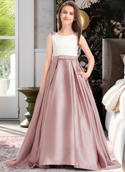 India Ball-Gown/Princess Scoop Neck Sweep Train Satin Junior Bridesmaid Dress With Bow(s) Pockets PP6P0013626