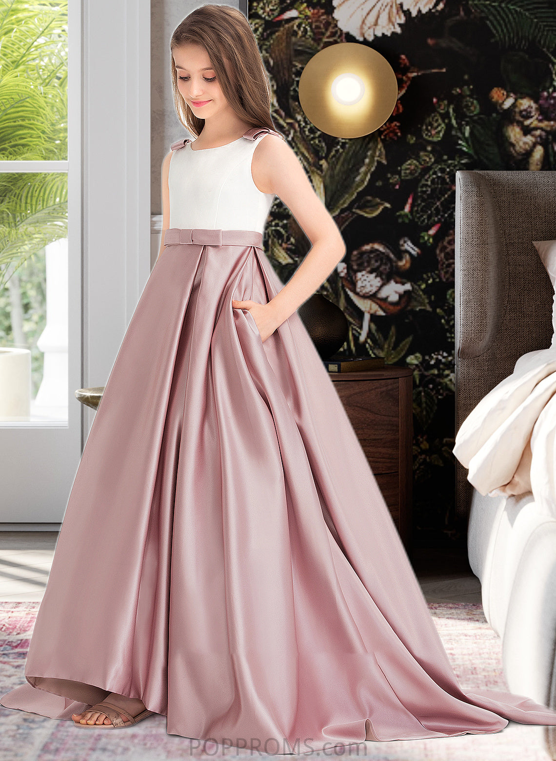 India Ball-Gown/Princess Scoop Neck Sweep Train Satin Junior Bridesmaid Dress With Bow(s) Pockets PP6P0013626