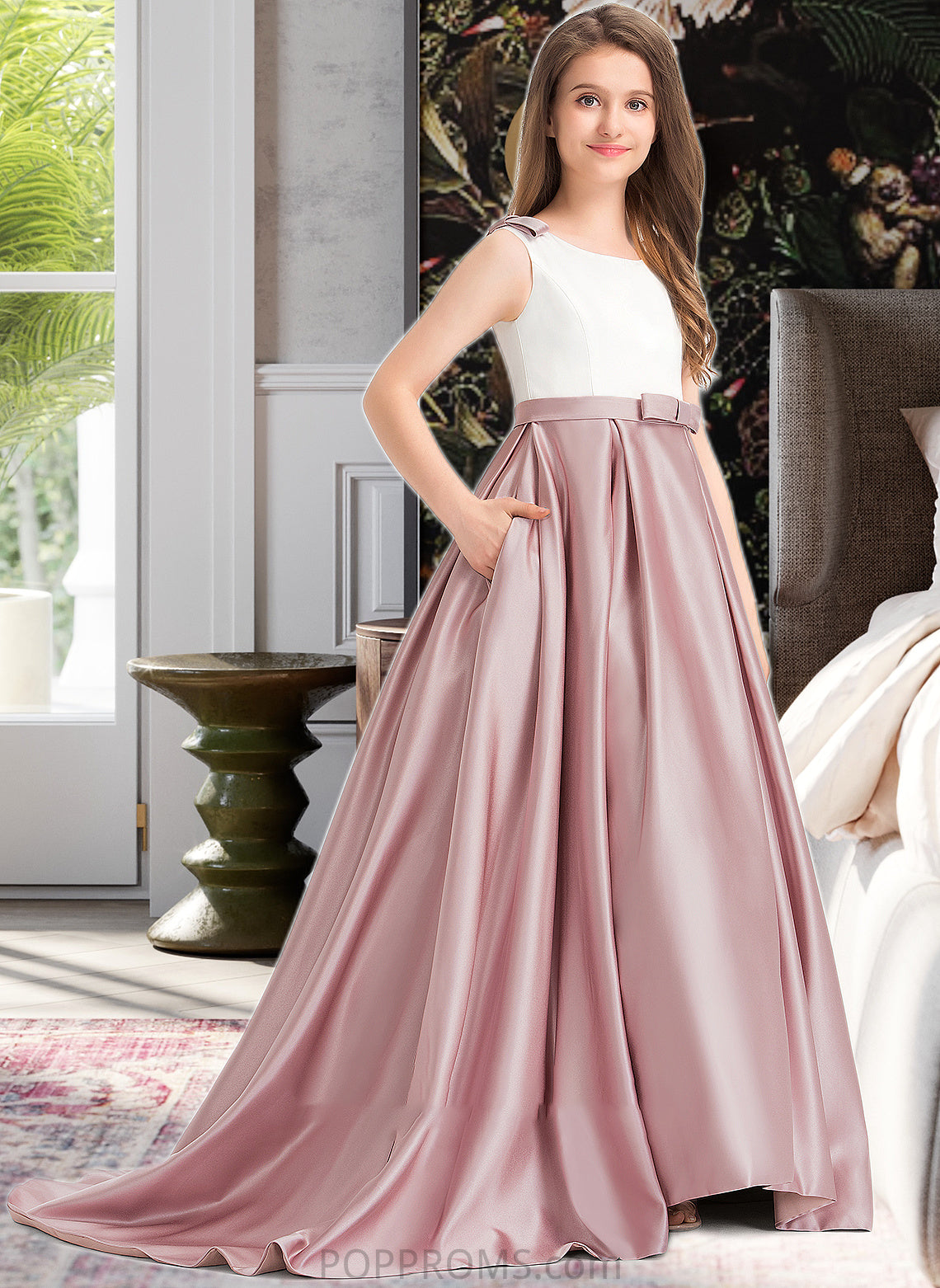 India Ball-Gown/Princess Scoop Neck Sweep Train Satin Junior Bridesmaid Dress With Bow(s) Pockets PP6P0013626