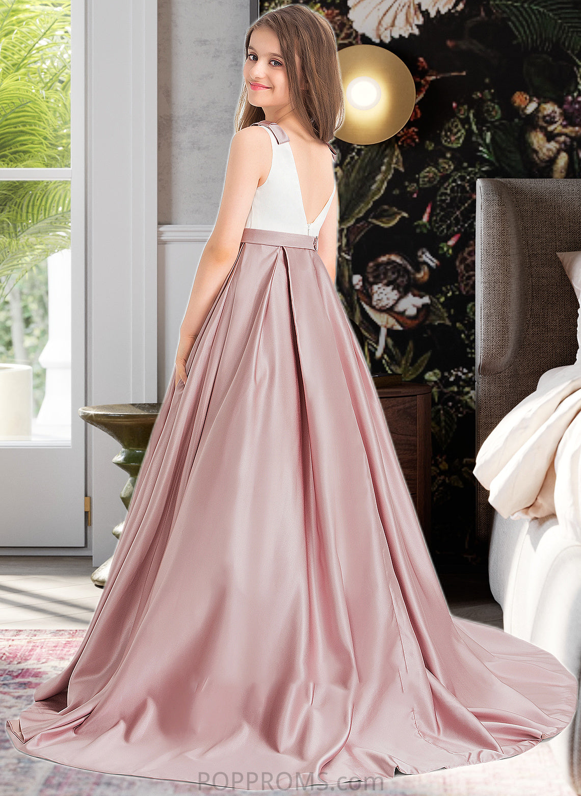 India Ball-Gown/Princess Scoop Neck Sweep Train Satin Junior Bridesmaid Dress With Bow(s) Pockets PP6P0013626