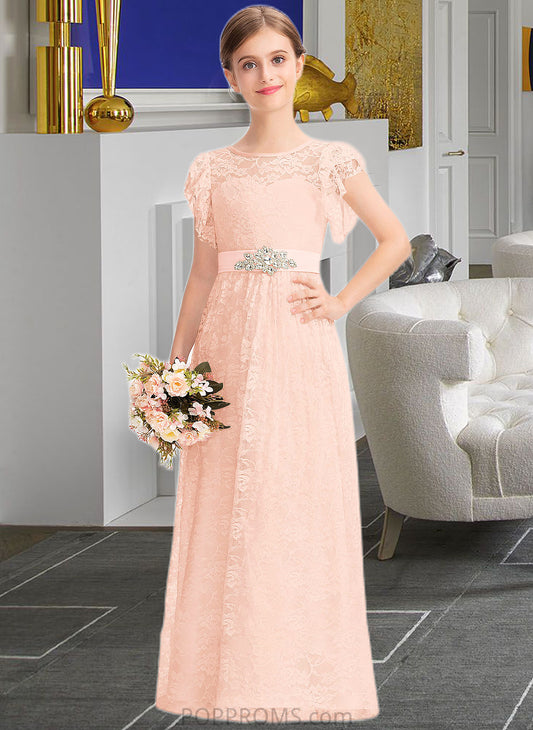 Madelynn A-Line Scoop Neck Floor-Length Lace Junior Bridesmaid Dress With Beading Bow(s) Cascading Ruffles PP6P0013627