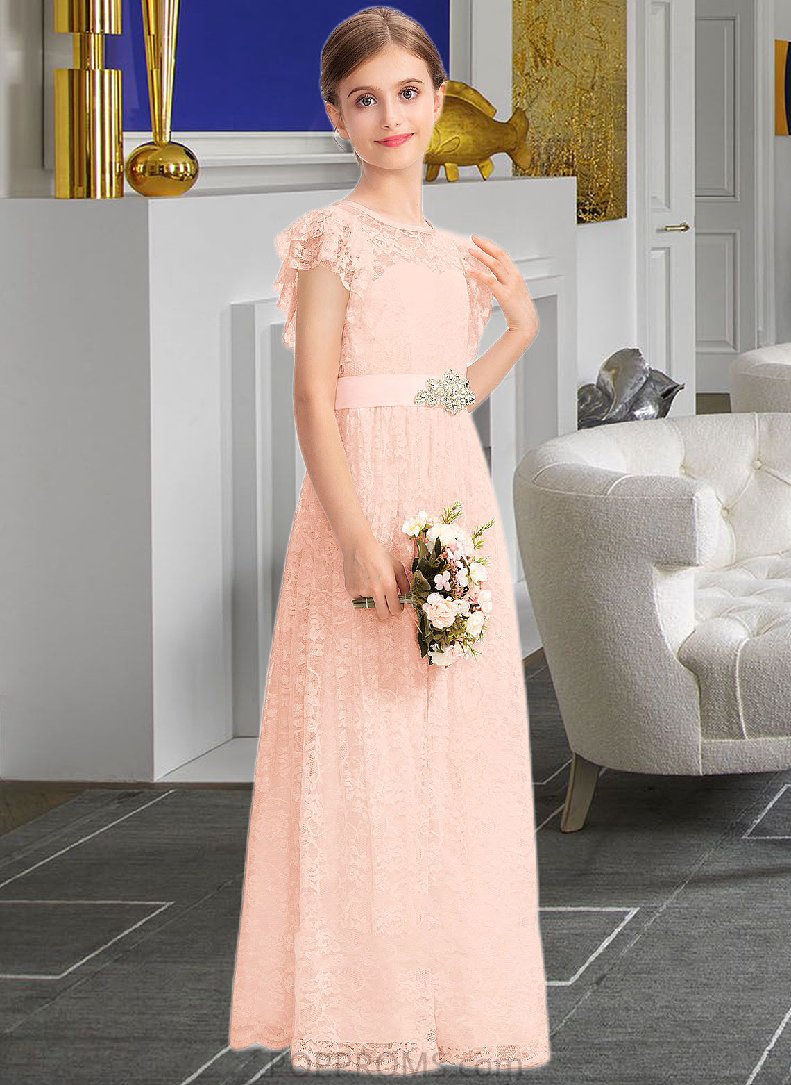 Madelynn A-Line Scoop Neck Floor-Length Lace Junior Bridesmaid Dress With Beading Bow(s) Cascading Ruffles PP6P0013627