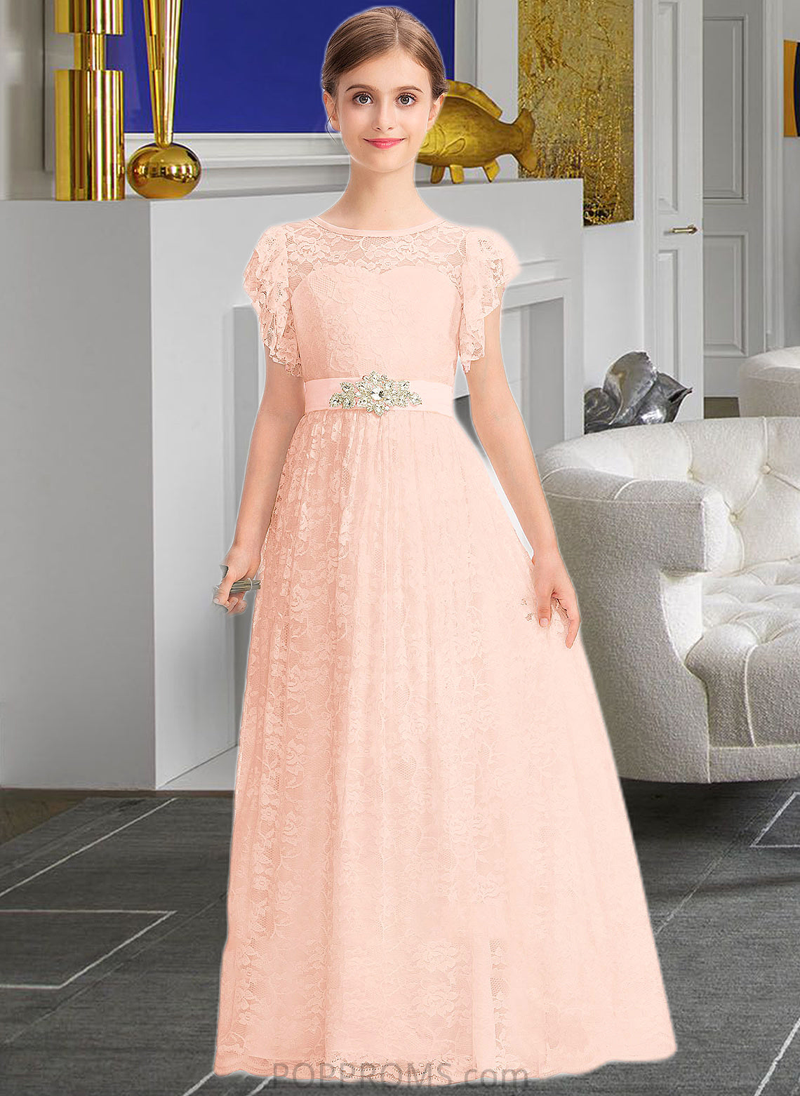 Madelynn A-Line Scoop Neck Floor-Length Lace Junior Bridesmaid Dress With Beading Bow(s) Cascading Ruffles PP6P0013627