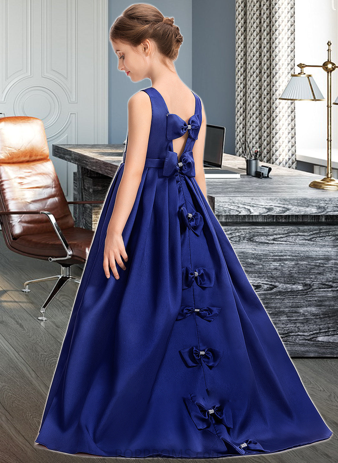 Esme Ball-Gown/Princess Scoop Neck Sweep Train Satin Junior Bridesmaid Dress With Bow(s) PP6P0013628