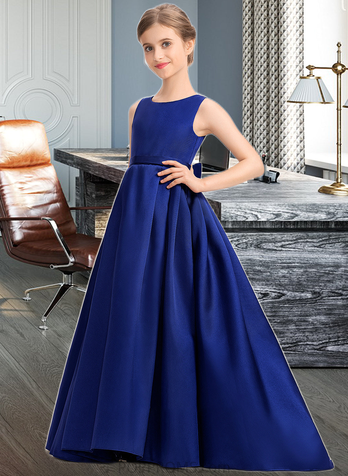 Esme Ball-Gown/Princess Scoop Neck Sweep Train Satin Junior Bridesmaid Dress With Bow(s) PP6P0013628