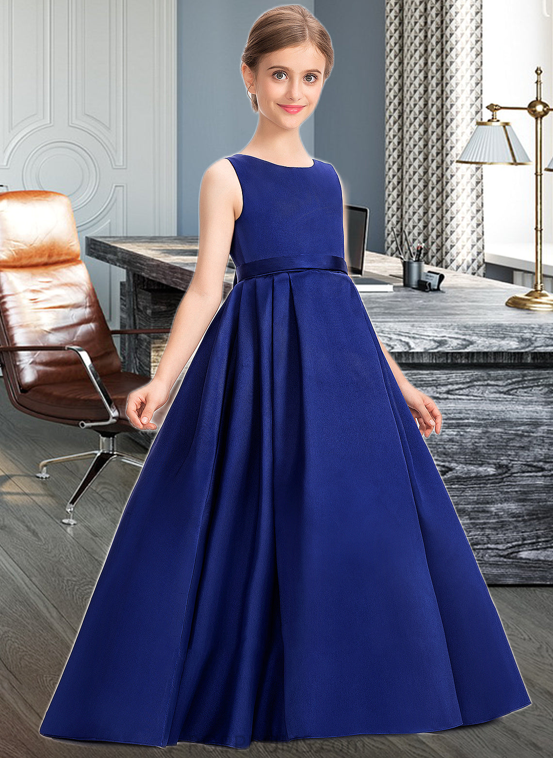 Esme Ball-Gown/Princess Scoop Neck Sweep Train Satin Junior Bridesmaid Dress With Bow(s) PP6P0013628