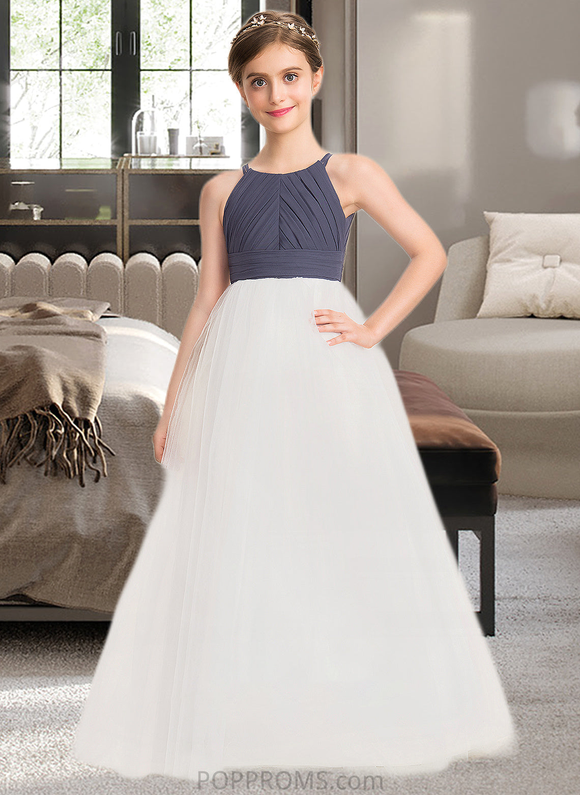 Kaelyn A-Line Scoop Neck Floor-Length Chiffon Tulle Junior Bridesmaid Dress With Ruffle PP6P0013629