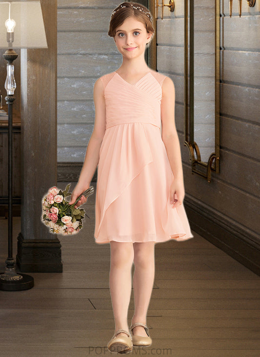 Sylvia A-Line V-neck Knee-Length Chiffon Lace Junior Bridesmaid Dress With Cascading Ruffles PP6P0013630