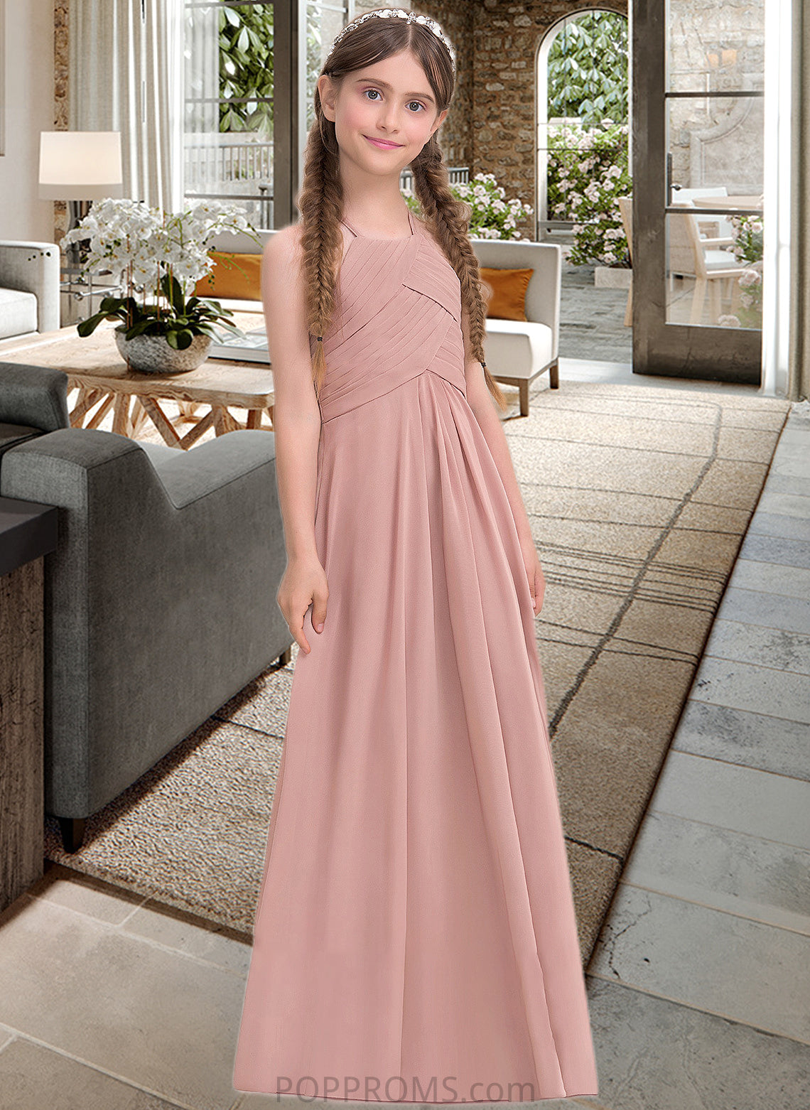 Penny A-Line Scoop Neck Floor-Length Chiffon Junior Bridesmaid Dress With Ruffle PP6P0013632