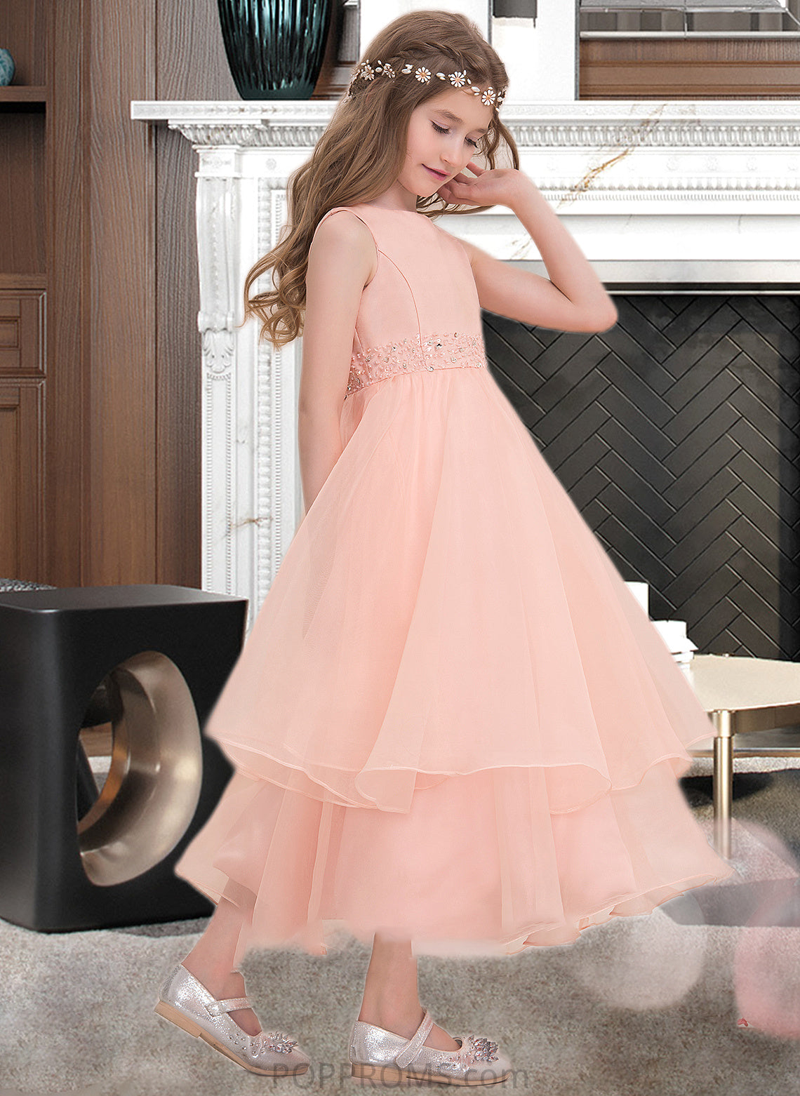 Macy A-Line Scoop Neck Ankle-Length Organza Junior Bridesmaid Dress With Beading Sequins PP6P0013633