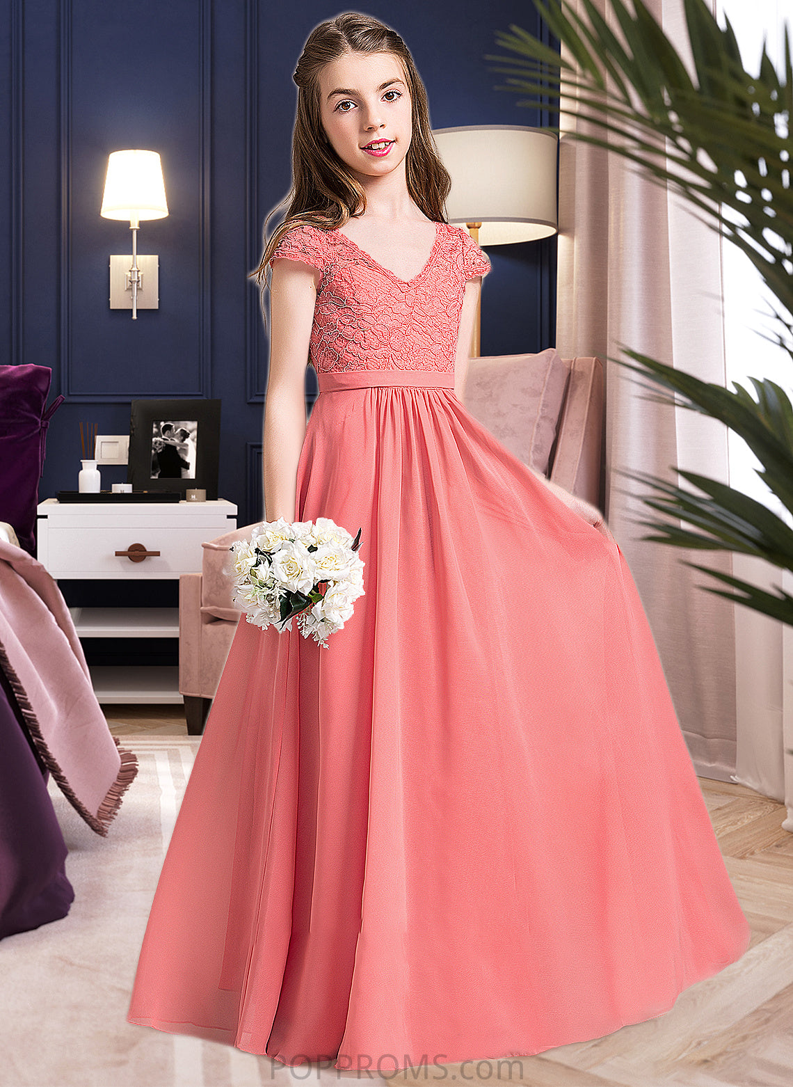 Lindsey A-Line V-neck Floor-Length Chiffon Lace Junior Bridesmaid Dress PP6P0013634