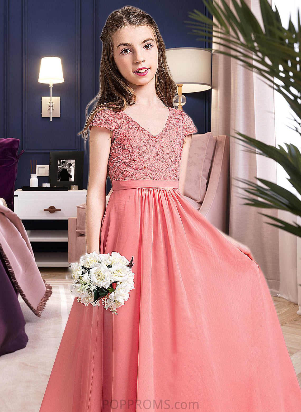 Lindsey A-Line V-neck Floor-Length Chiffon Lace Junior Bridesmaid Dress PP6P0013634