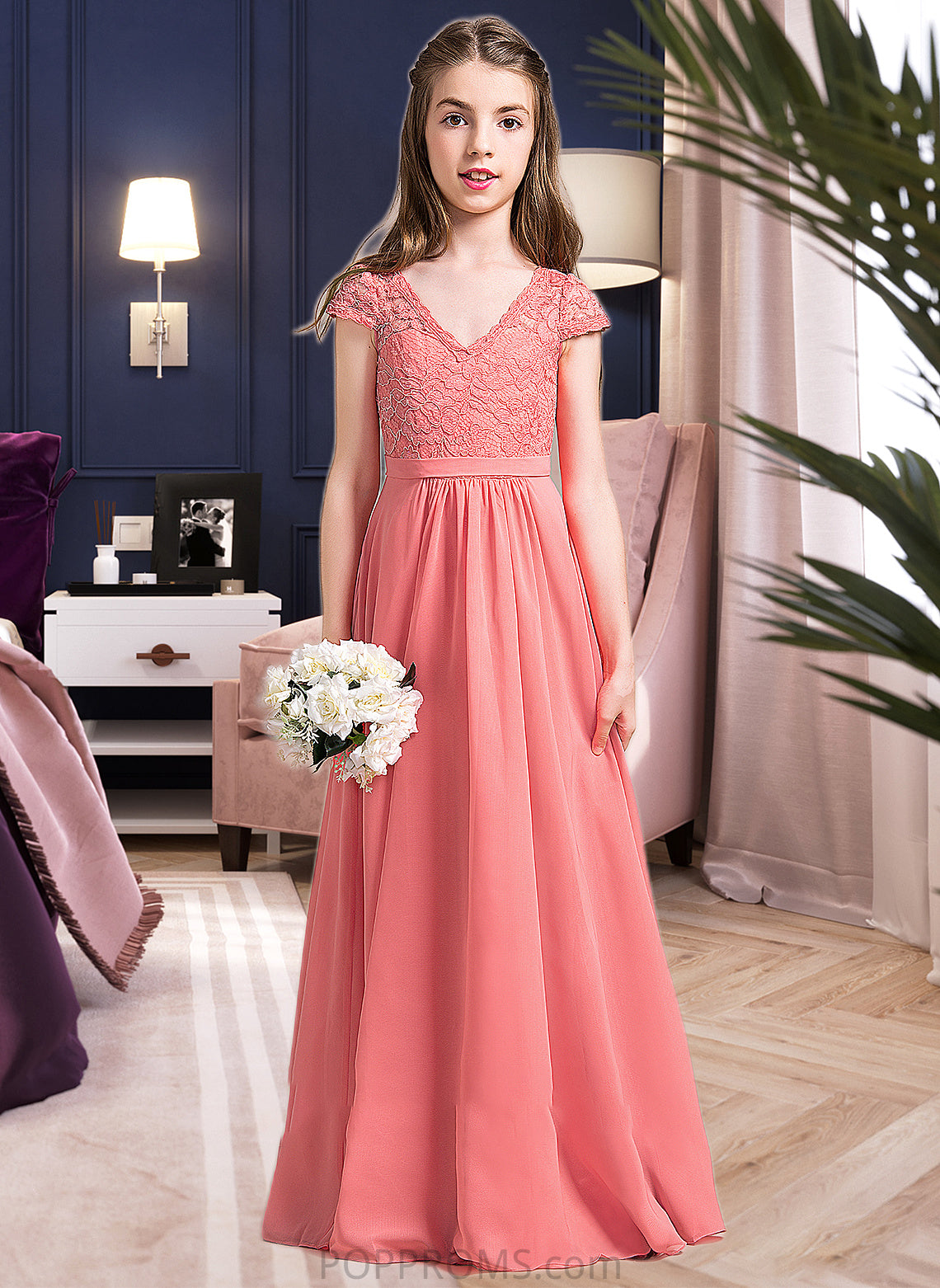 Lindsey A-Line V-neck Floor-Length Chiffon Lace Junior Bridesmaid Dress PP6P0013634